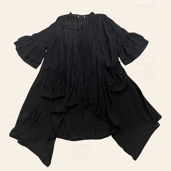 Mystical Avant Garde Black Duster Kimono | Smocked Waist Pockets Ruffle Art Wear - Picture 1 of 9
